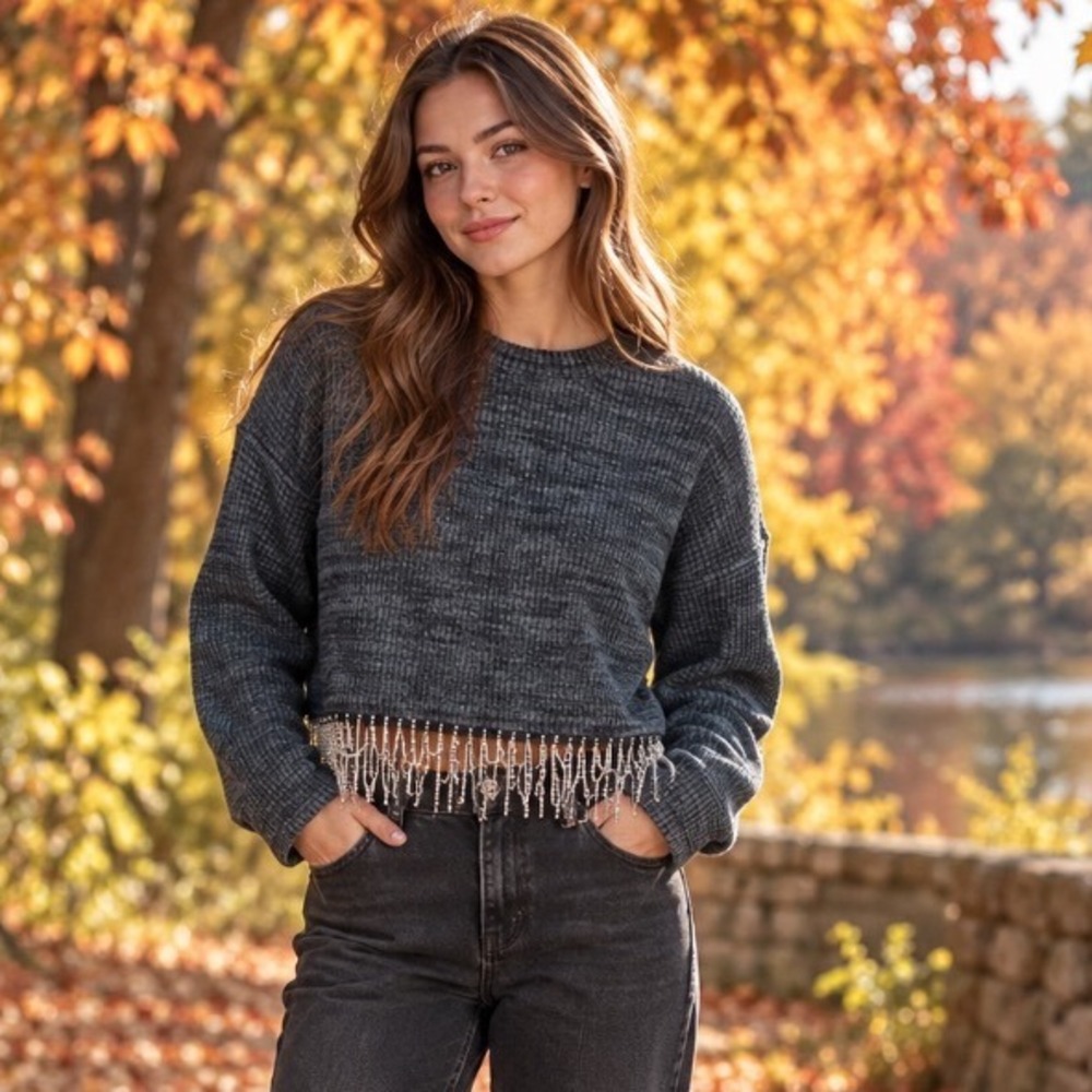 Hayden Girls Charcoal Gray Waffle Knit Cropped Rhinestone Fringe Sweater Large